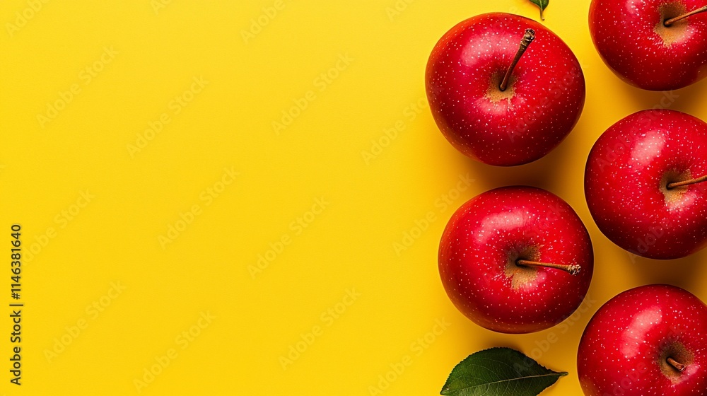 Poster red apples on yellow background with copy space.
