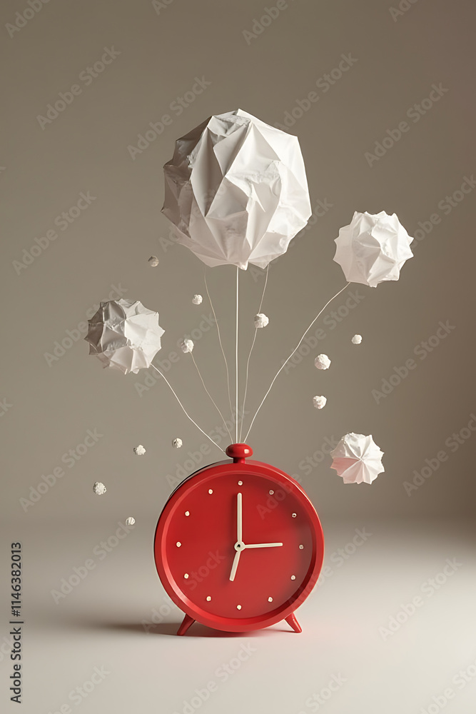 Aufkleber ideas are being loaded with timing concepts using a paper crumpled ball and a large red clock nearby