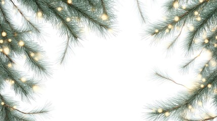 Green fir tree branches with gold lights on a white background for New Year 2025