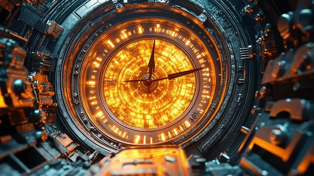 Time's Unfolding Enigma: A mesmerizing abstract clock with gears and burning embers in a futuristic, otherworldly setting, reflecting the passage of time and the mysteries of the universe. 