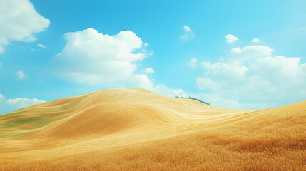 a serene landscape of rolling hills bathed in the warm glow of a summer day. The foreground is dominated by a vast expanse of golden wheat fields, their stalks swaying gently in the breeze.