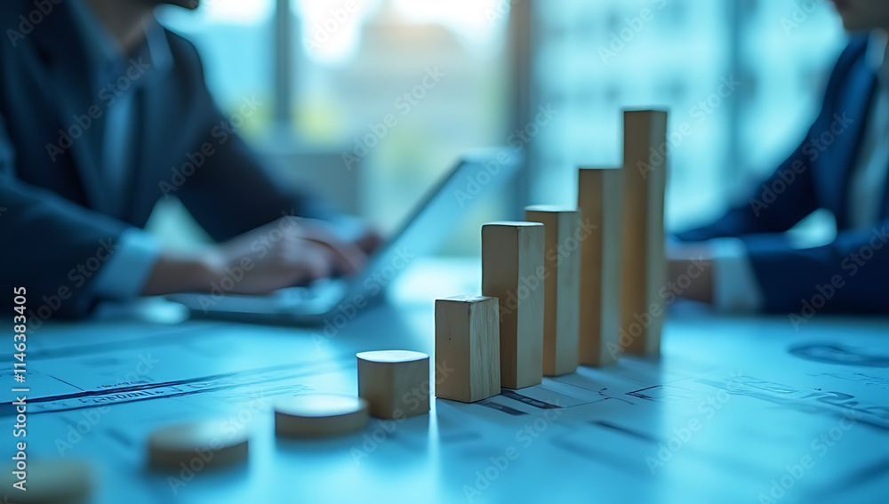 Poster growth concepts and ideas are visualized through a rising graph on a blue table in a business settin