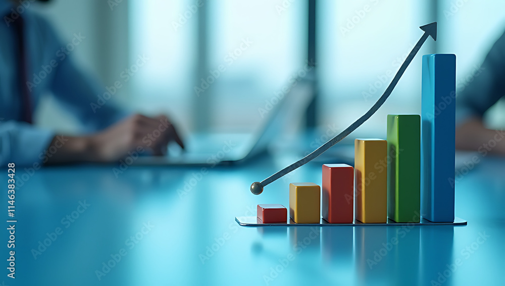 Poster growth concepts and ideas are visualized through a rising graph on a blue table in a business settin