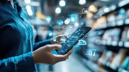 woman using mobile app for business analytics and inventory mana
