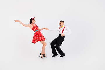 Full body photo of two partners have fun dancing contest isolated on white color background