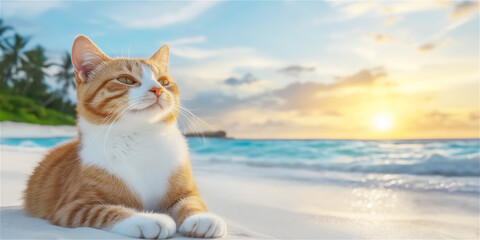 Obraz premium A ginger tabby cat sits gracefully on the beach at sunset, its serene posture capturing the tranquility and beauty of a summer evening.