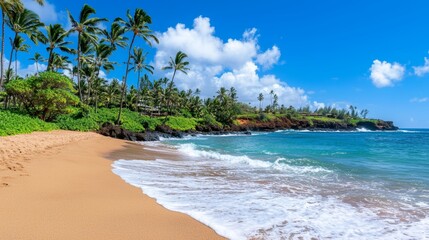 A picturesque tropical beach with palm trees under a blue sky.