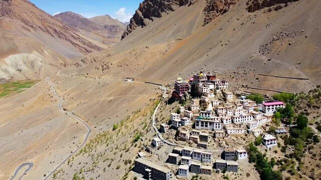 Aerial view of kee monastery is a biggest tibetan buddhist monastery located at an altitude of 4,166 m close to spiti river in spiti valley of himachal pradesh, India.
