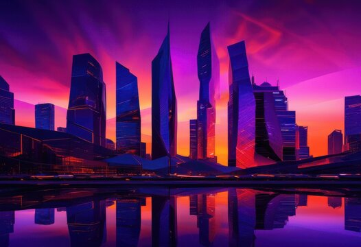 stunning city skyline illuminated dusk vibrant colors striking architecture creating breathtaking night view, aerial, buildings, beauty, cities, contrast