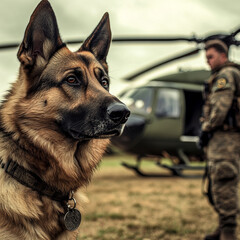 German Shepherd stands alert near military helicopter, accompanied by soldier in uniform, showcasing loyalty and readiness in field setting