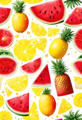 vibrantly colorful summer fruit flat lay showcasing fresh fruits natural light bright background, arrangement, berries, blueberries, cheerful, citrus