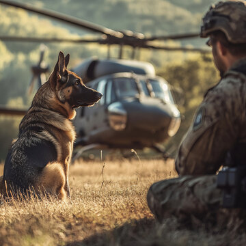 German Shepherd sits attentively near soldier and helicopter in grassy field, evoking sense of loyalty and readiness in military setting