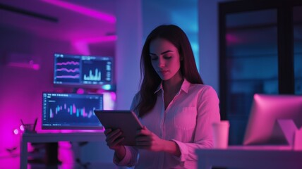 Young Professional Woman Analyzing Data on Tablet in Modern Office with Neon Lighting and Multiple Computer Screens