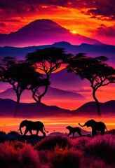 Fototapeta premium majestic wildlife silhouettes featuring various animals stunningly vibrant sunset filled rich colors breathtaking natural beauty, nature, sky, horizon