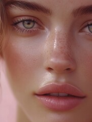 Naklejka premium Close-up of a young woman with striking green eyes and natural makeup against a soft pink background showcasing her radiant skin and subtle freckles during daylight