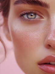 Fototapeta premium Close-up view of a young woman's face highlighting her captivating eye, soft skin, and natural beauty set against a pastel pink background during a serene moment