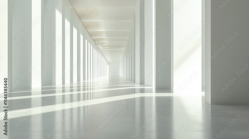 Poster a spacious, minimalist corridor with natural light and white walls creating a serene atmosphere.