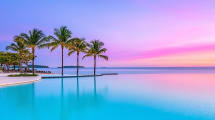 Obraz premium A calm tropical sanctuary with beautiful bungalows that face a sparkling pool, enveloped in the golden rays of a setting sun.