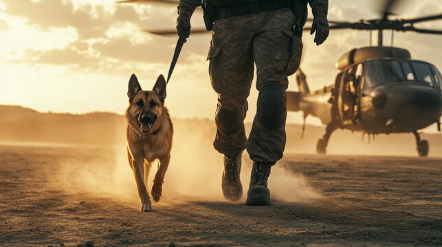 military officer walks confidently with German Shepherd on leash, with helicopter in background during dusty sunset, evoking sense of duty and readiness