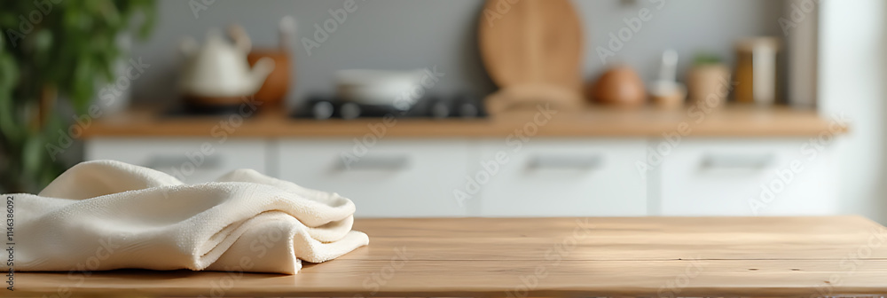 Poster fabric lies on a wooden table top in a blurred kitchen background suitable for product display and d