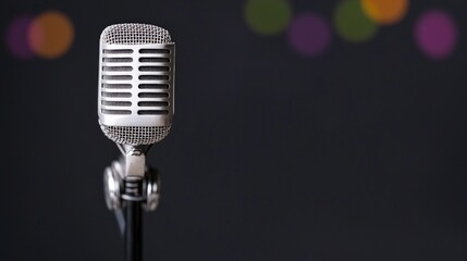 Retro microphone on stand against blurred lights.