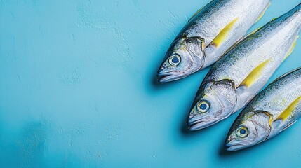 Freshly caught fish displayed on a vibrant blue background highlighting their scales and features, perfect for culinary inspiration or seafood preparation ideas