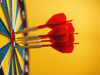 Red darts striking a dartboard with a vibrant yellow background highlighting precision and skill in a game of focus and concentration