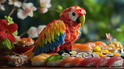 Colorful parrot sushi art centerpiece.