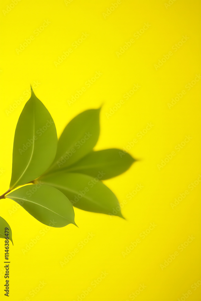 Poster Eucalyptus leaves in sharp focus against a bright yellow colored background for a visually appealing image effect._00003_