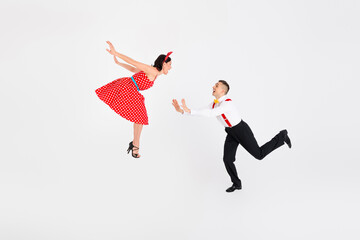 Photo of attractive couple professional dancers duet dance lift support isolated on white color background