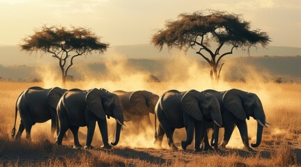Herd of Elephants in the Savannah  .