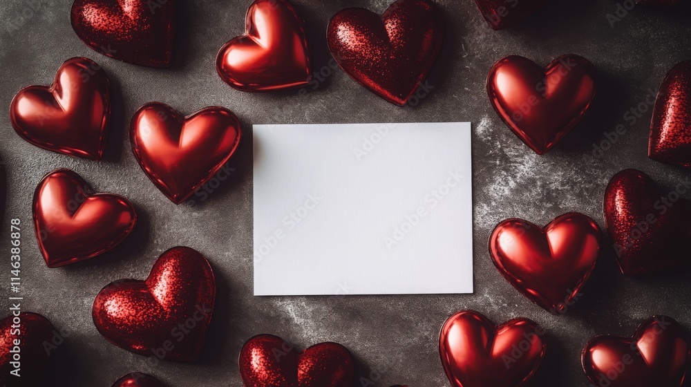 Aufkleber bright red decorative hearts are arranged around a blank white card on a dark textured background. t