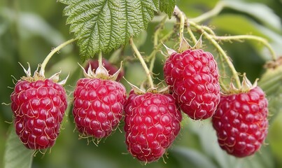 Freshly picked red raspberries hanging from a green leafy branch in a summer garden setting
