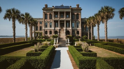 Fototapeta premium Beautiful Classic Brick House in Charleston, South Carolina with Solar Panels: Eco-Friendly Living, Traditional Architecture, and Sustainable Design