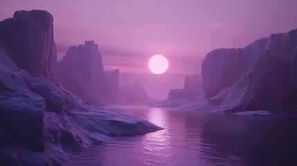 3D Render Futuristic Landscape with Cliffs and Waterfalls