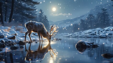 Antlered Deer in a Snowy Night by the Riverbank Beauty  .