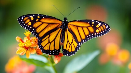Fototapeta premium A monarch butterfly with vibrant orange and black wings rests gently on a cluster of bright orange flowers. The contrasting colors create a stunning natural scene.