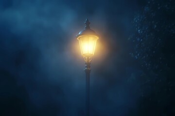 Yellow light of a lantern on the street in the fog
