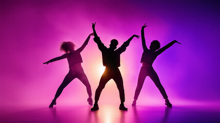 Silhouettes of three women dancing energetically under bright purple stage lights, representing performance, joy, and artistic expression.