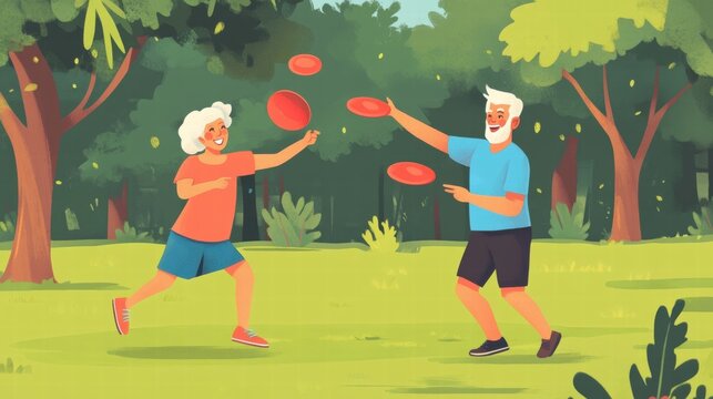 happy senior couple playing frisbee in park