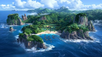 Obraz premium An overhead perspective of four tropical islands boasting lush green landscapes and white sand beaches in the middle of blue ocean waters, representing the ideals of paradise, vacation, escape, and