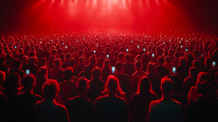 Crowded Concert Audience with Red Lights and Smartphone Glow


