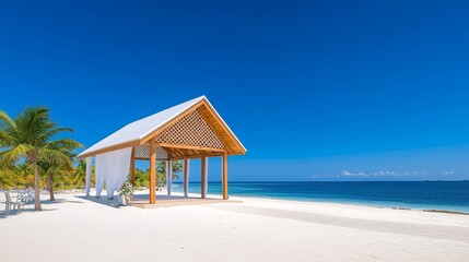 Fototapeta premium A ceremony arranged on a tropical beach, adorned with palm trees and white flowers, overlooking a white sand beach and turquoise ocean waters.