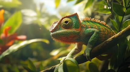 Fototapeta premium A vibrant chameleon, perched on a branch, basks in the warm sunlight filtering through lush green foliage. Its scales shimmer with an array of greens, oranges, and yellows.