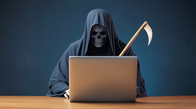 Hacker in a dark hooded sweatshirt typing on a laptop. The scene conveys cybercrime, data breaches, and the dark side of technology, illuminated by eerie lighting.