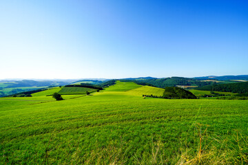 Fototapeta premium View of the green landscape near Oberhenneborn in the Sauerland. Hiking trails in nature. 