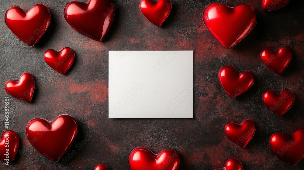 Aufkleber Red heart shapes are arranged around a blank card resting on a dark textured surface. This setup creates a romantic atmosphere, ideal for a special occasion or heartfelt message.