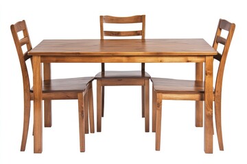 Wooden dining table set with four chairs, isolated on white background.