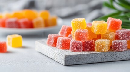 Colorful Fruit-Flavored Jelly Candies on Wooden Tray Surface
