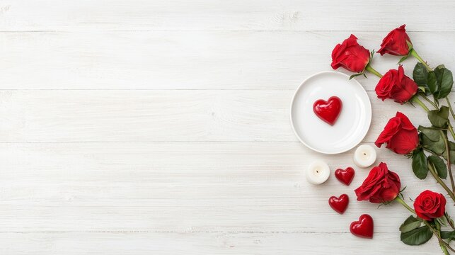 A beautifully arranged table with red roses, candles, and lace, highlighted by heart-shaped decorations, making it perfect for Valentine's Day, weddings, or intimate dinner dates.